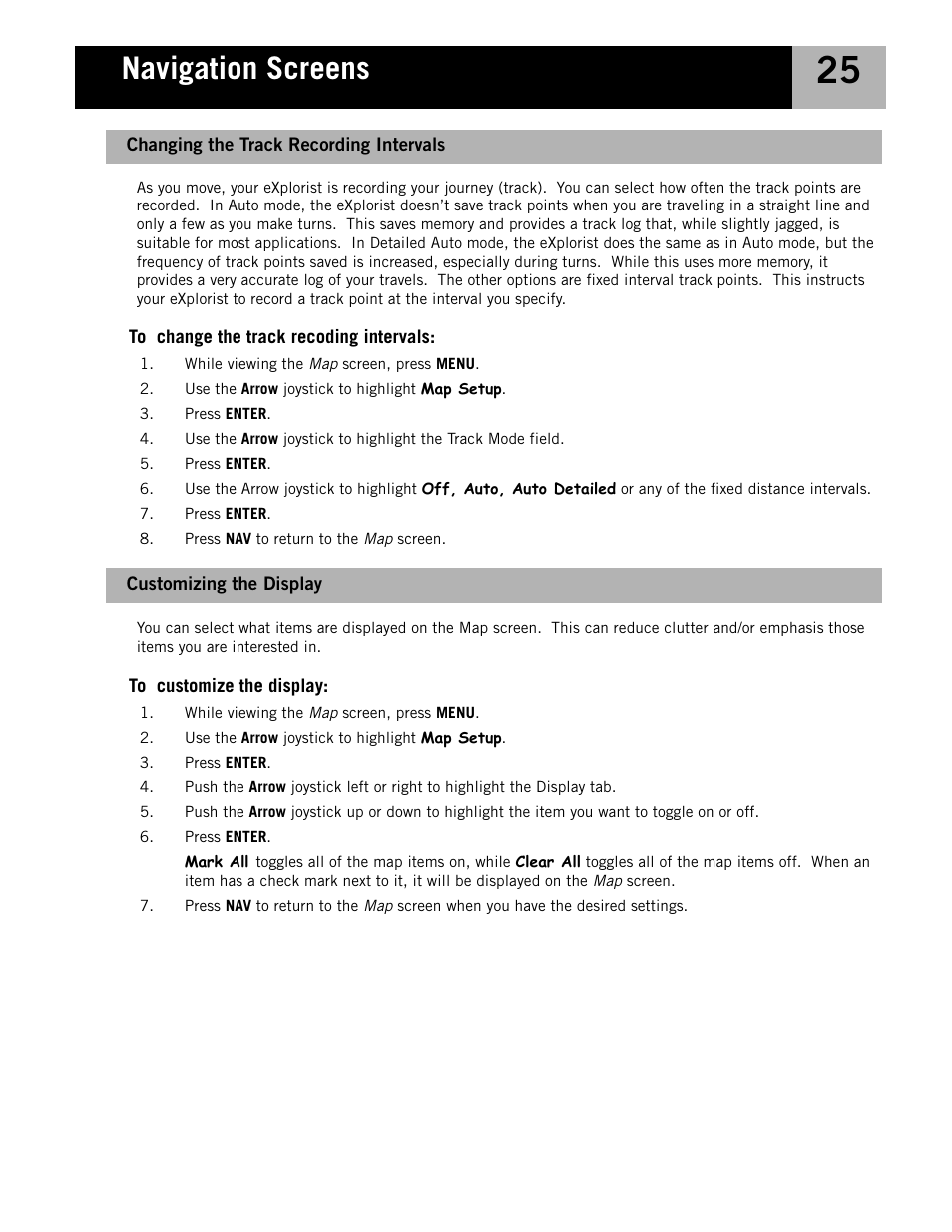 Customizing the display, Changing the track recording intervals, Navigation screens | Magellan eXplorist 210 User Manual | Page 28 / 98