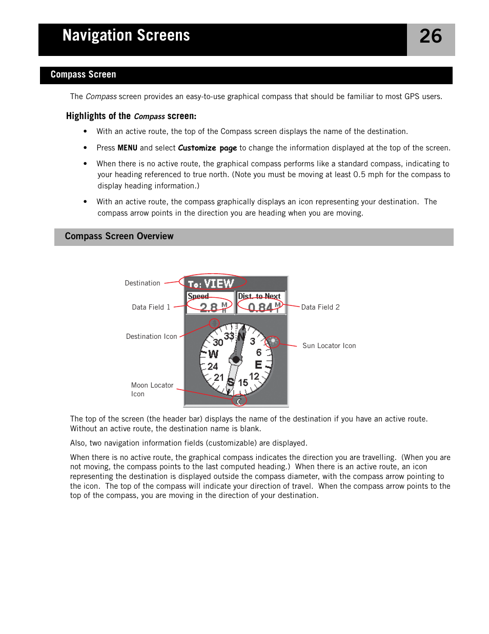 Compass screen overview, Compass screen, Navigation screens | Magellan eXplorist 210 User Manual | Page 29 / 98