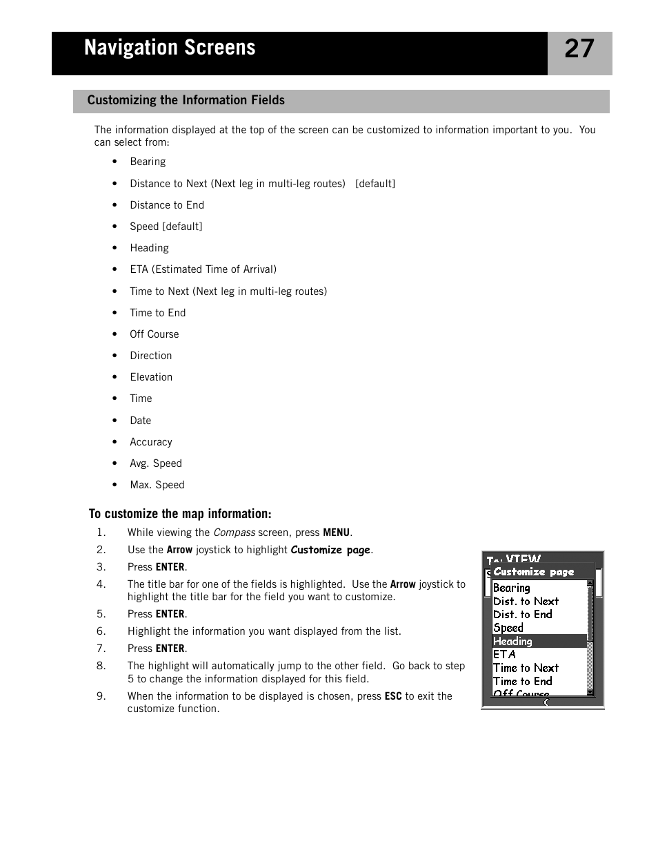 Customizing the information fields, Navigation screens | Magellan eXplorist 210 User Manual | Page 30 / 98