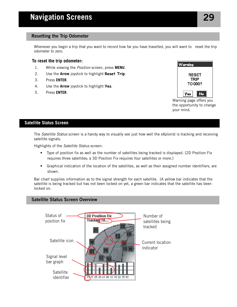 Satellite status screen, Satellite status screen overview, Resetting the trip odometer | Navigation screens | Magellan eXplorist 210 User Manual | Page 32 / 98