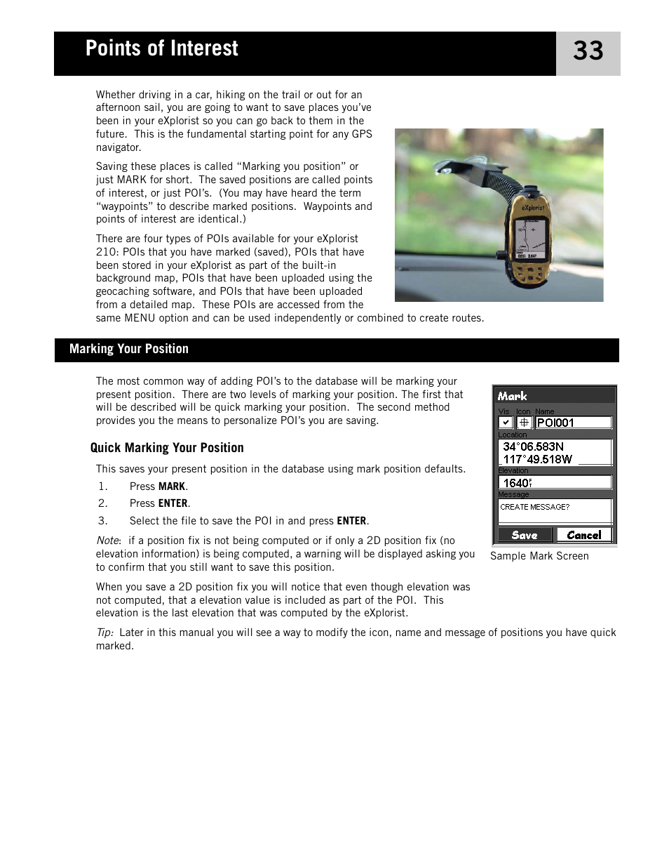 Marking your position, Points of interest | Magellan eXplorist 210 User Manual | Page 36 / 98