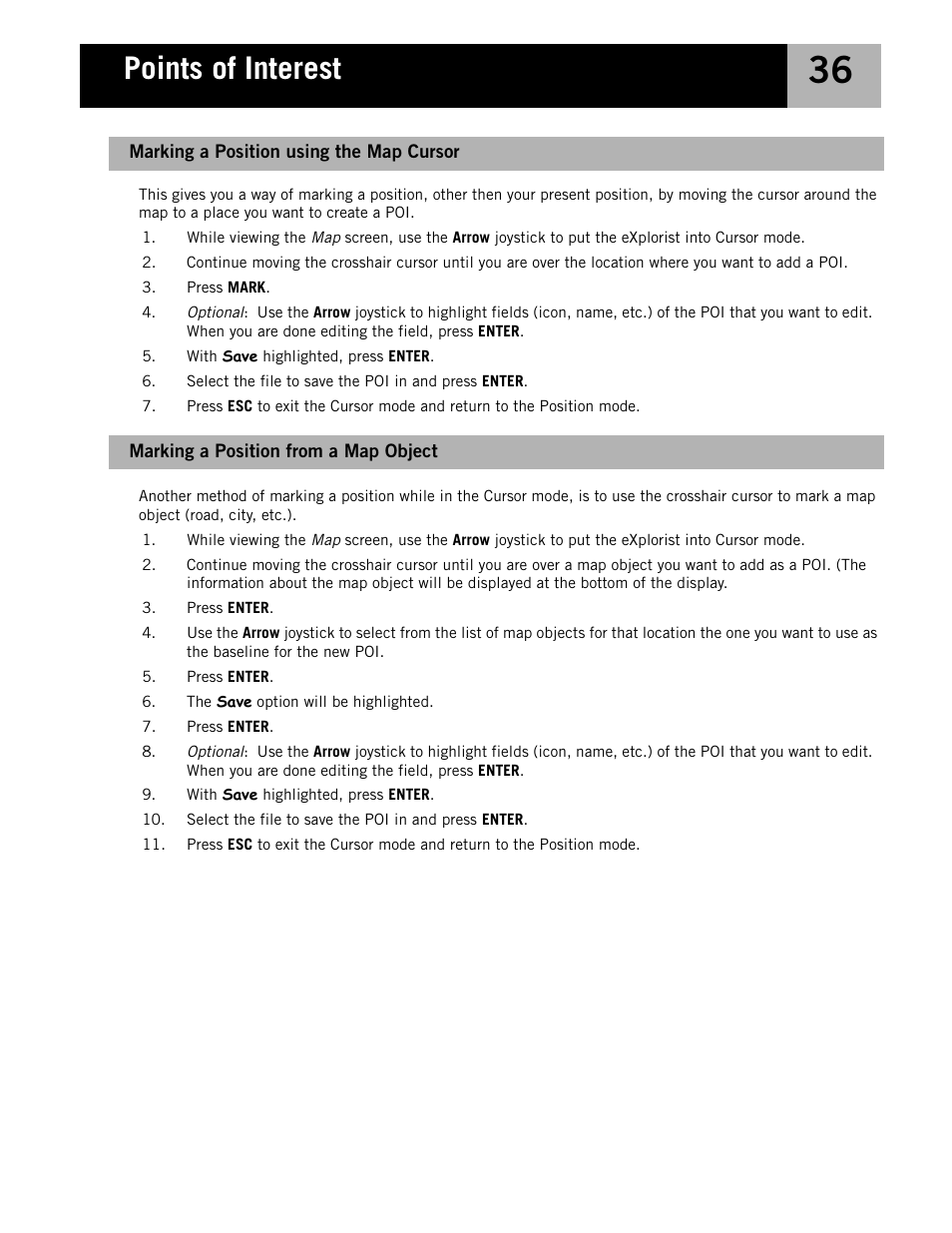 Marking a position from a map object, Marking a position using the map cursor, Points of interest | Magellan eXplorist 210 User Manual | Page 39 / 98