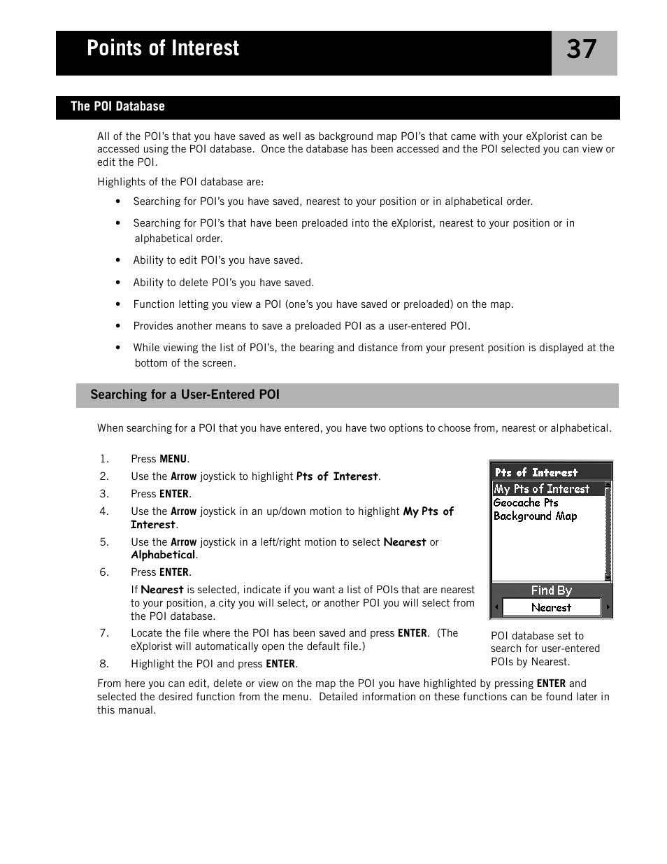Searching for a user-entered poi, The poi database, Points of interest | Magellan eXplorist 210 User Manual | Page 40 / 98