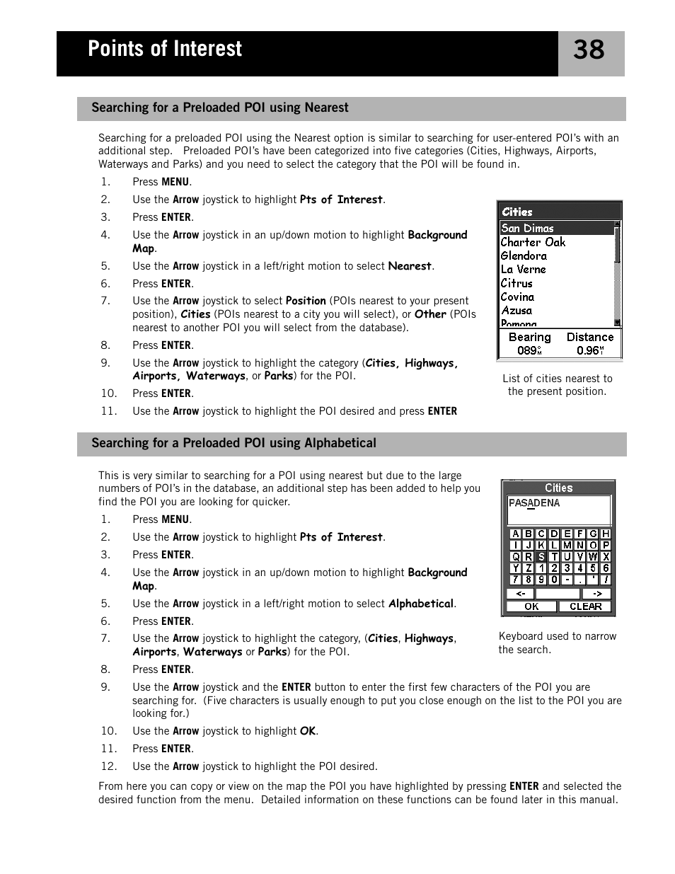 Searching for a preloaded poi using alphabetical, Searching for a preloaded poi using nearest, Points of interest | Magellan eXplorist 210 User Manual | Page 41 / 98