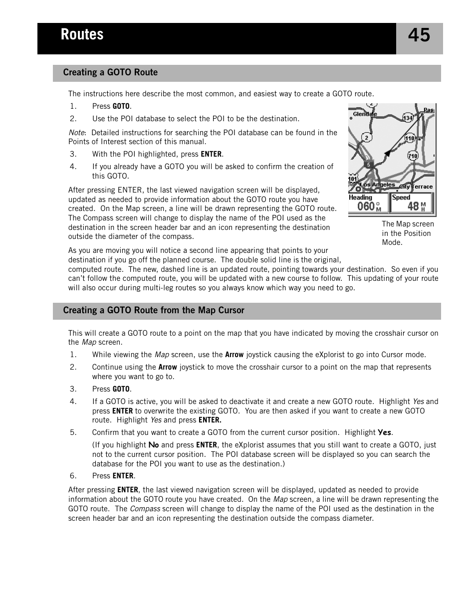 Creating a goto route from the map cursor, Creating a goto route, Routes | Magellan eXplorist 210 User Manual | Page 48 / 98