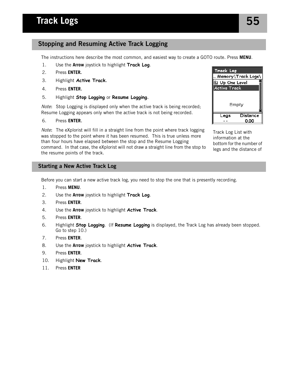 Starting a new active track log, Stopping and resuming active track logging, Track logs | Magellan eXplorist 210 User Manual | Page 58 / 98
