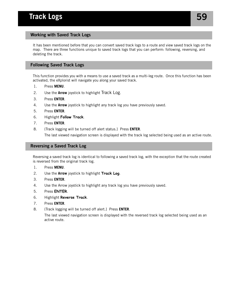 Following saved track logs, Reversing a saved track log, Working with saved track logs | Track logs | Magellan eXplorist 210 User Manual | Page 62 / 98
