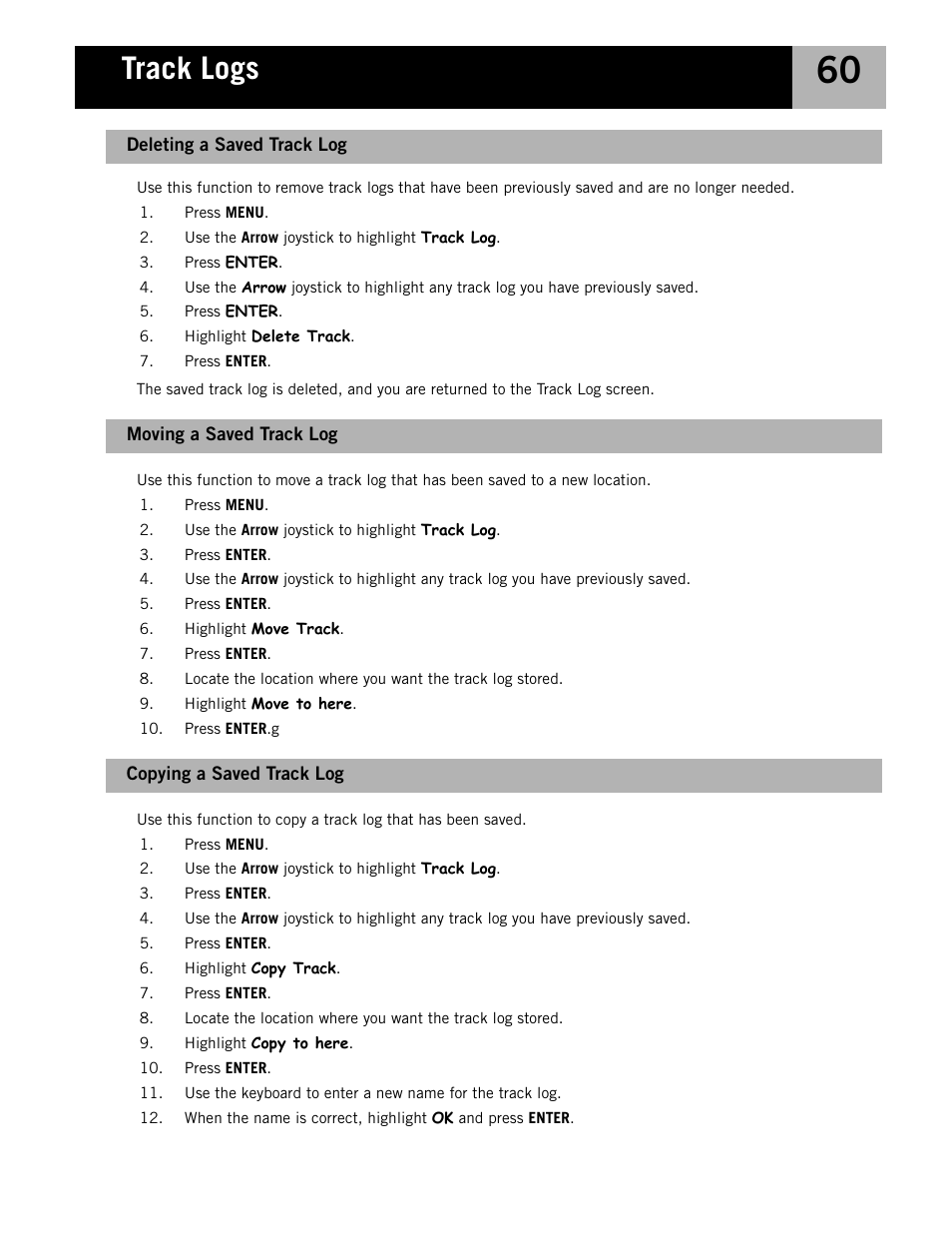 Moving a saved track log, Copying a saved track log, Deleting a saved track log | Track logs | Magellan eXplorist 210 User Manual | Page 63 / 98
