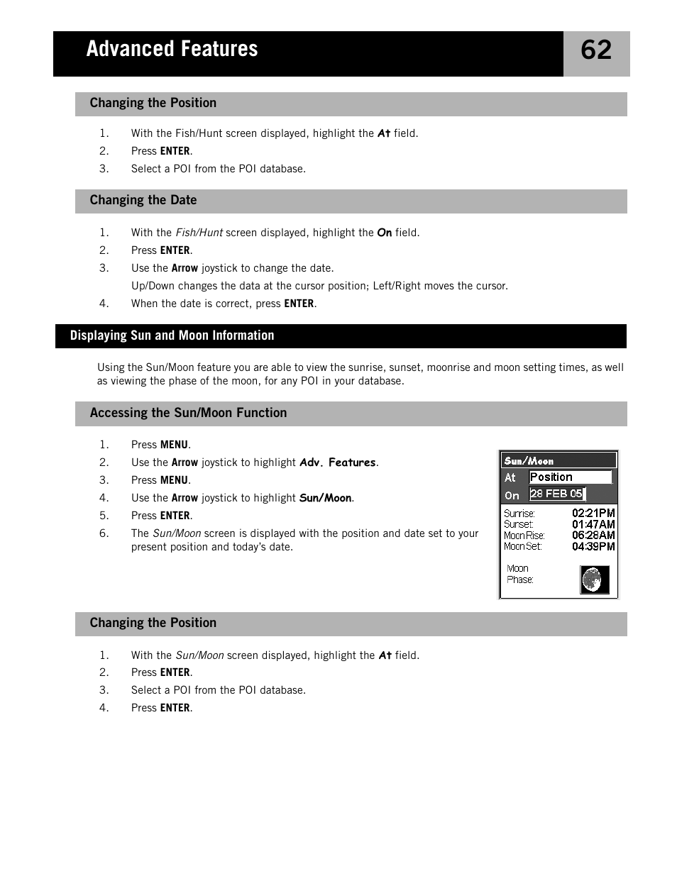 Changing the date, Displaying sun and moon information, Accessing the sun/moon function | Changing the position, Advanced features | Magellan eXplorist 210 User Manual | Page 65 / 98
