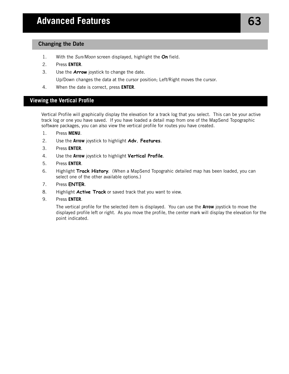 Viewing the vertical profile, Changing the date, Advanced features | Magellan eXplorist 210 User Manual | Page 66 / 98