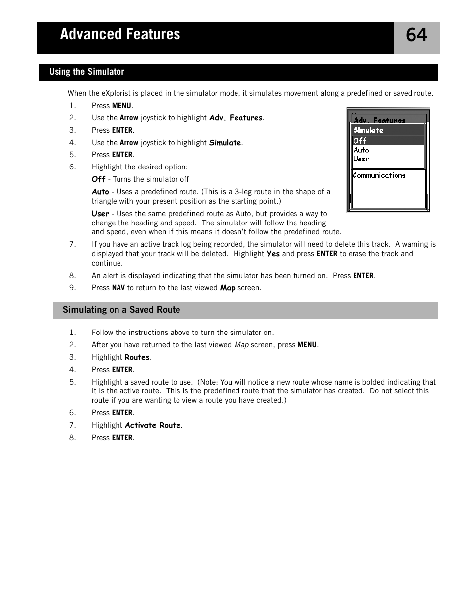 Simulating on a saved route, Using the simulator, Advanced features | Magellan eXplorist 210 User Manual | Page 67 / 98