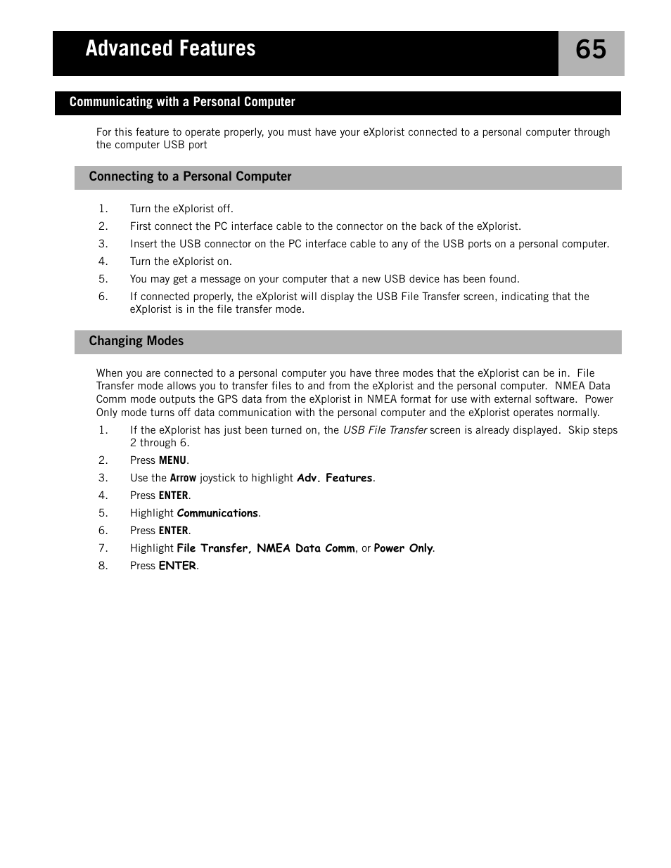 Connecting to a personal computer, Changing modes, Communicating with a personal computer | Advanced features | Magellan eXplorist 210 User Manual | Page 68 / 98