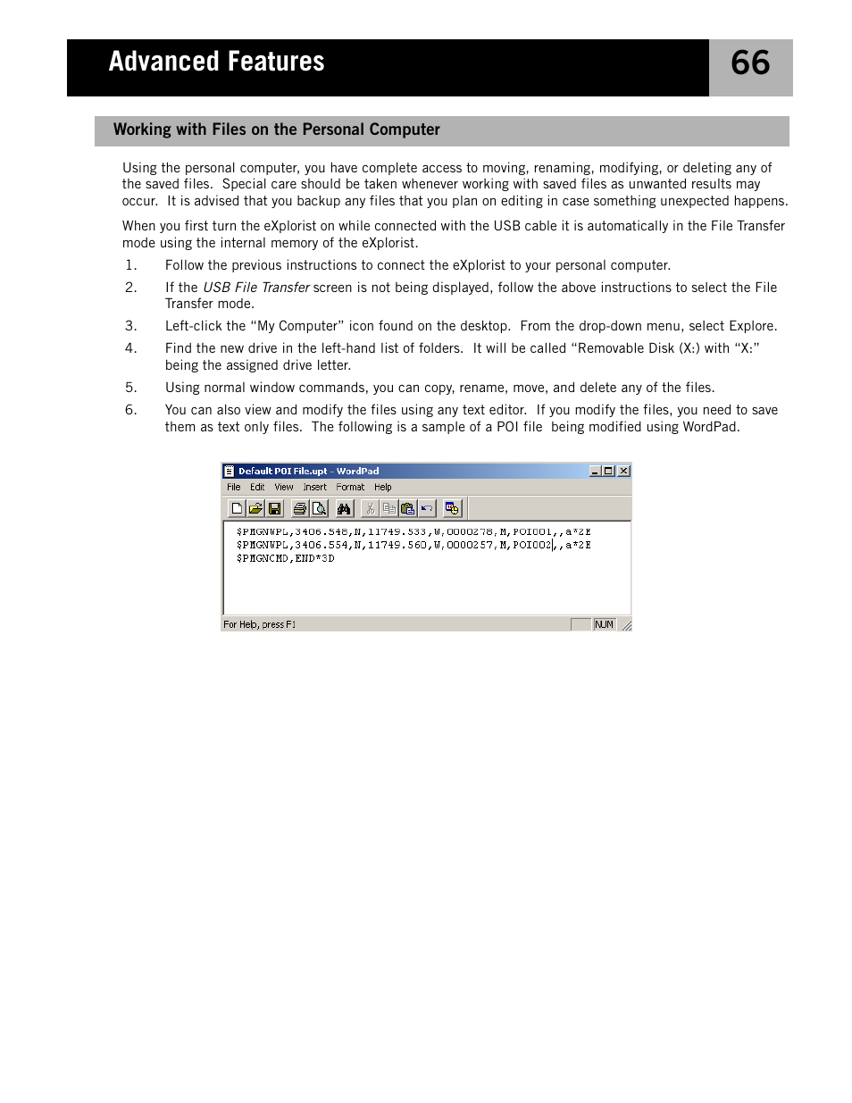 Working with files on the personal computer, Advanced features | Magellan eXplorist 210 User Manual | Page 69 / 98