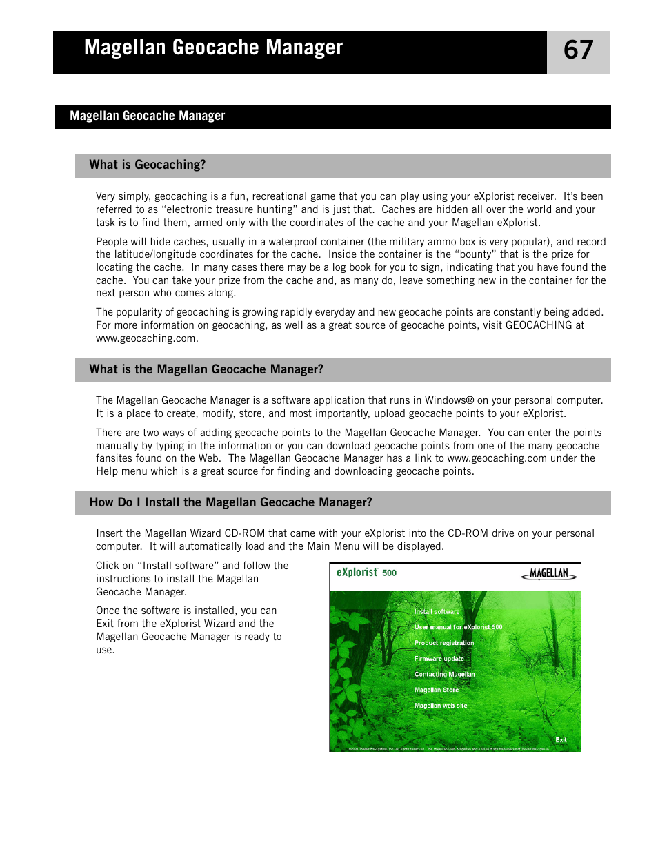Magellan geocache manager, What is geocaching, What is the magellan geocache manager | How do i install the magellan geocache manager | Magellan eXplorist 210 User Manual | Page 70 / 98