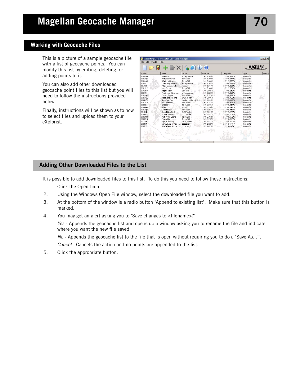 Adding other downloaded files to the list, Working with geocache files, Magellan geocache manager | Magellan eXplorist 210 User Manual | Page 73 / 98