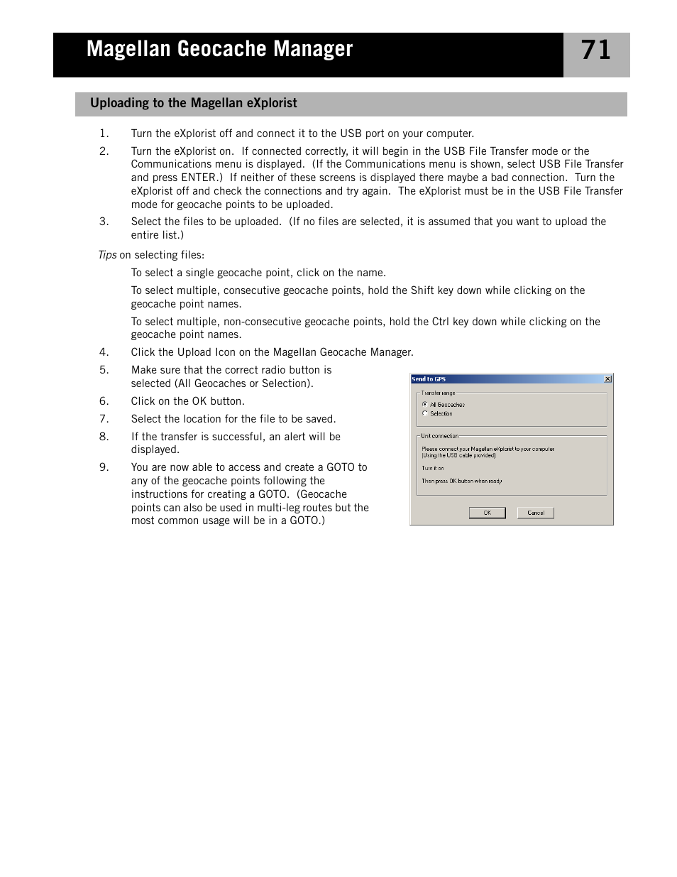 Uploading to the magellan explorist, Magellan geocache manager | Magellan eXplorist 210 User Manual | Page 74 / 98