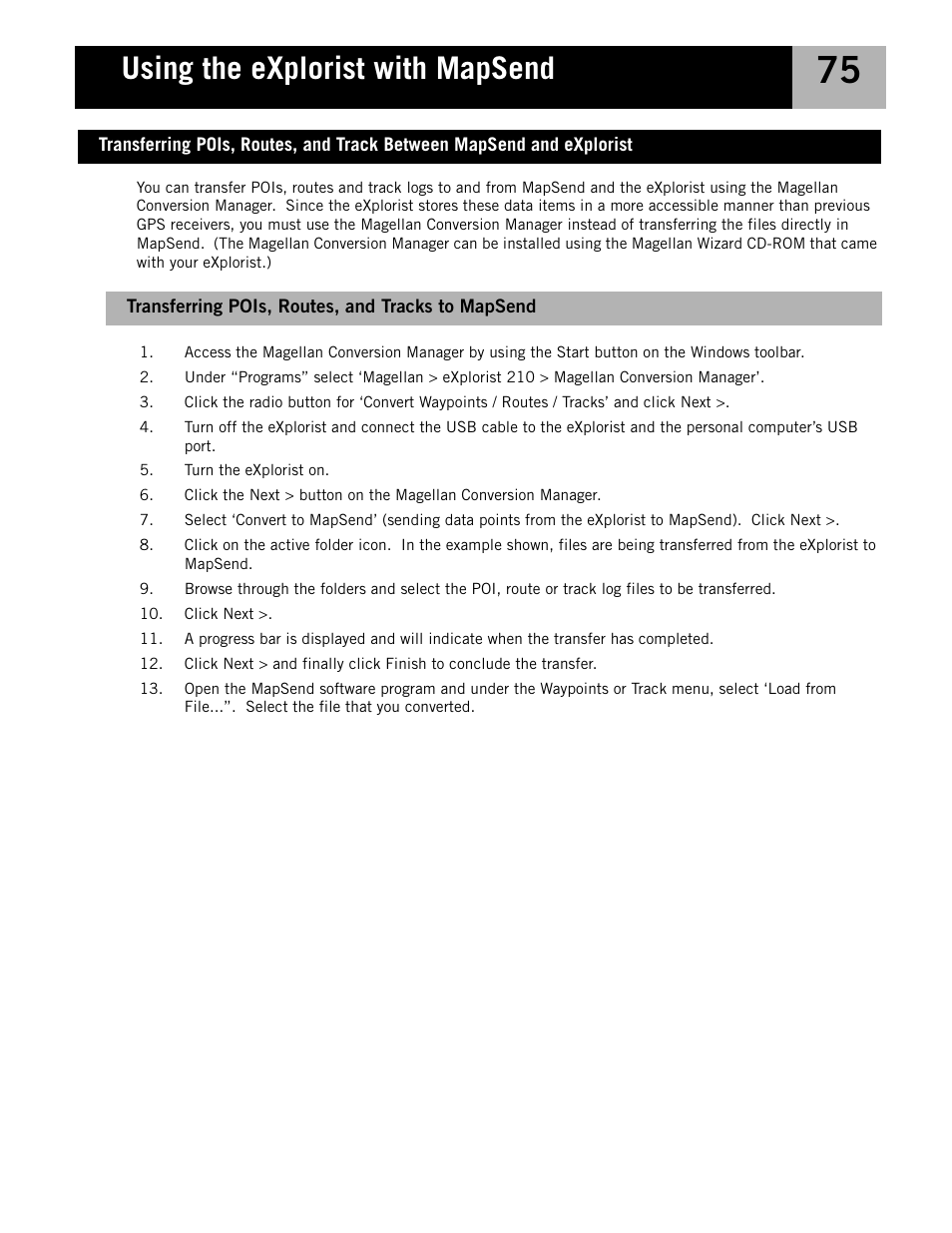 Transferring pois, routes, and tracks to mapsend, Using the explorist with mapsend | Magellan eXplorist 210 User Manual | Page 78 / 98