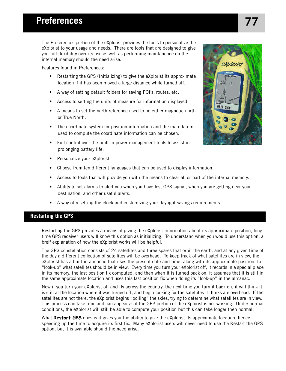 Preferences, Restarting the gps | Magellan eXplorist 210 User Manual | Page 80 / 98