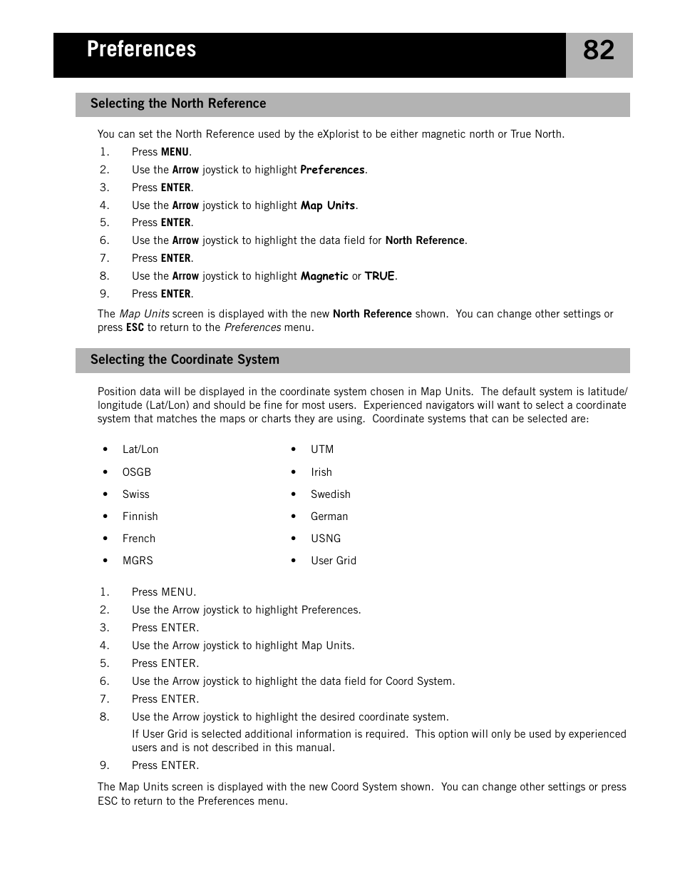 Selecting the coordinate system, Selecting the north reference, Preferences | Magellan eXplorist 210 User Manual | Page 85 / 98