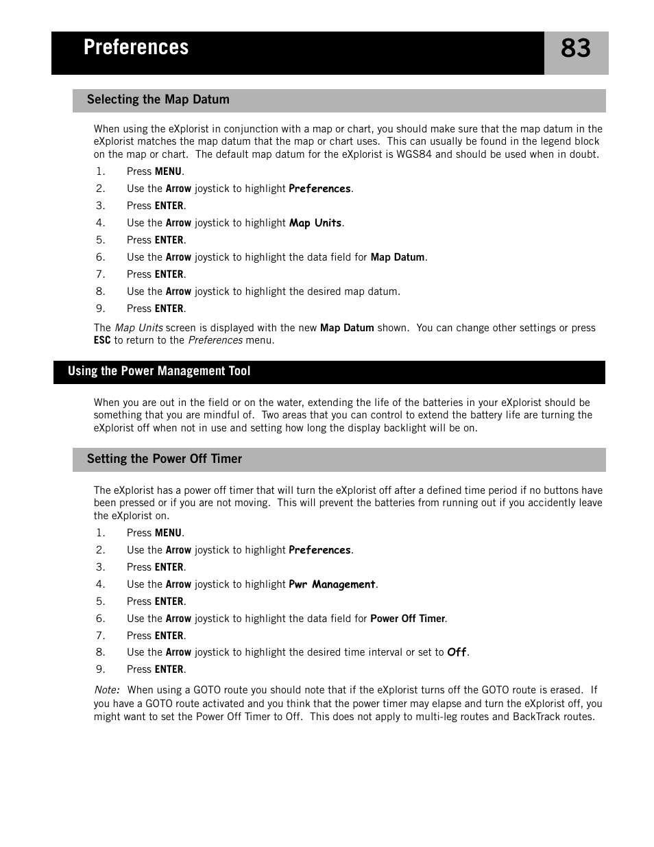 Using the power management tool, Setting the power off timer, Selecting the map datum | Preferences | Magellan eXplorist 210 User Manual | Page 86 / 98