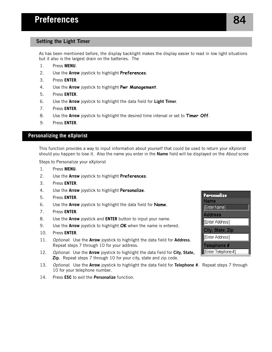 Personalizing the explorist, Setting the light timer, Preferences | Magellan eXplorist 210 User Manual | Page 87 / 98