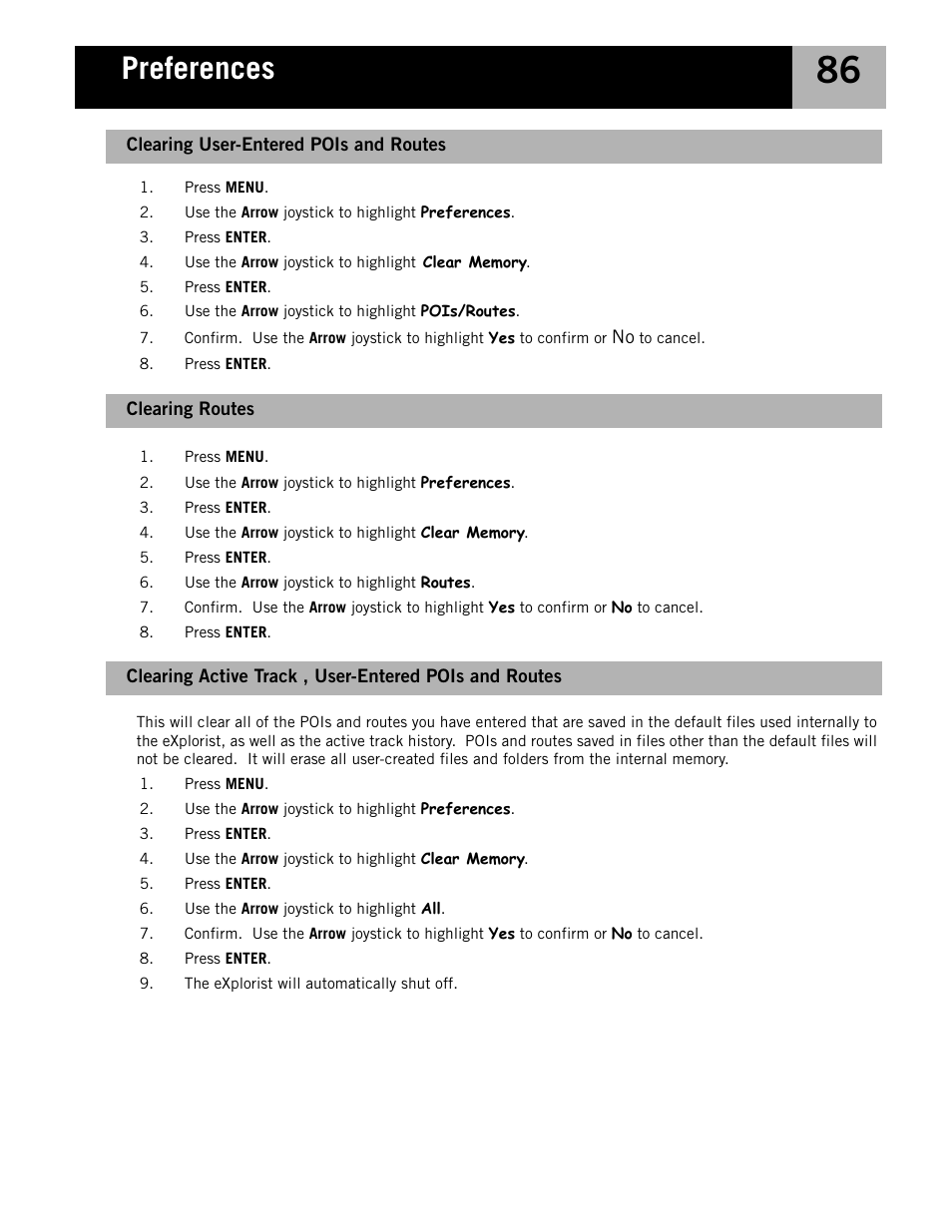 Clearing routes, Clearing user-entered pois and routes, Preferences | Magellan eXplorist 210 User Manual | Page 89 / 98