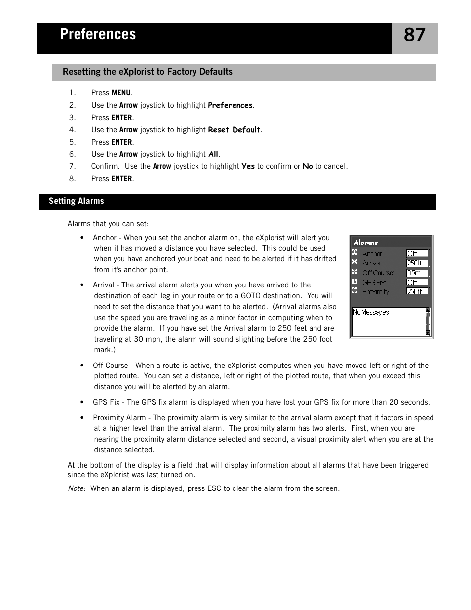 Setting alarms, Resetting the explorist to factory defaults, Preferences | Magellan eXplorist 210 User Manual | Page 90 / 98