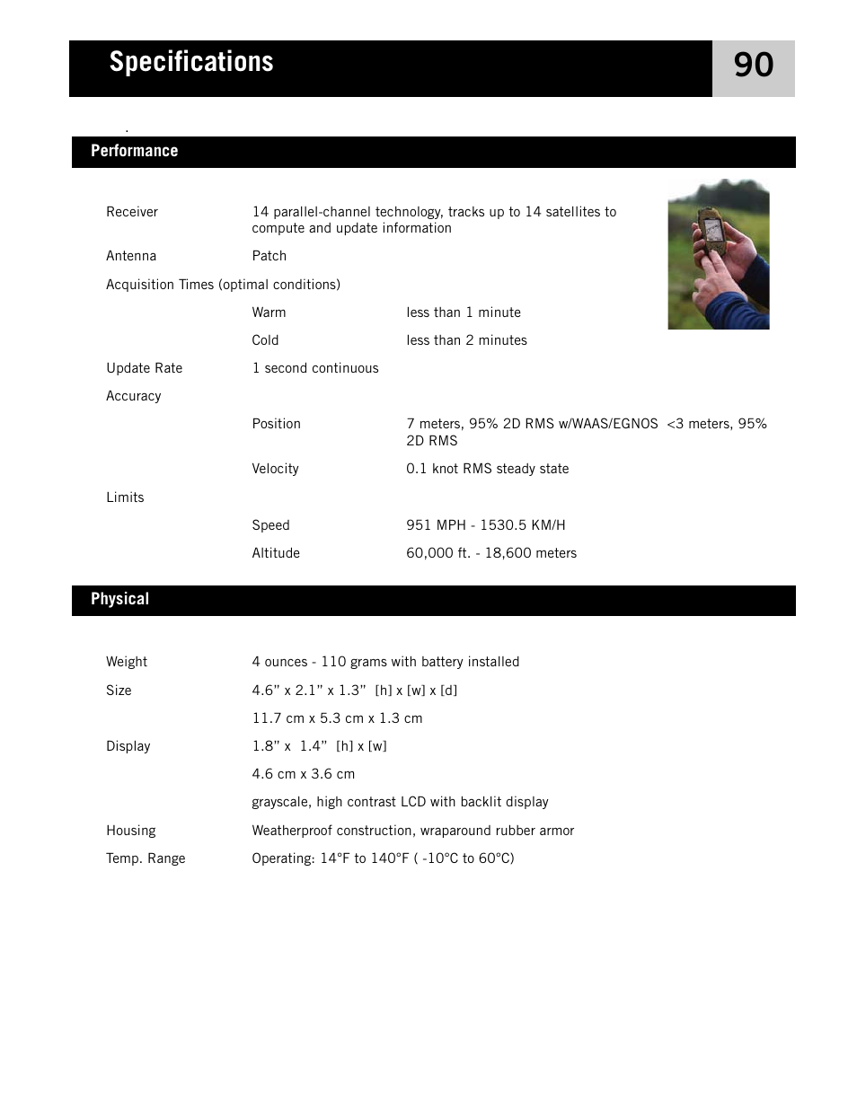 Specifications, Performance, Physical | Magellan eXplorist 210 User Manual | Page 93 / 98