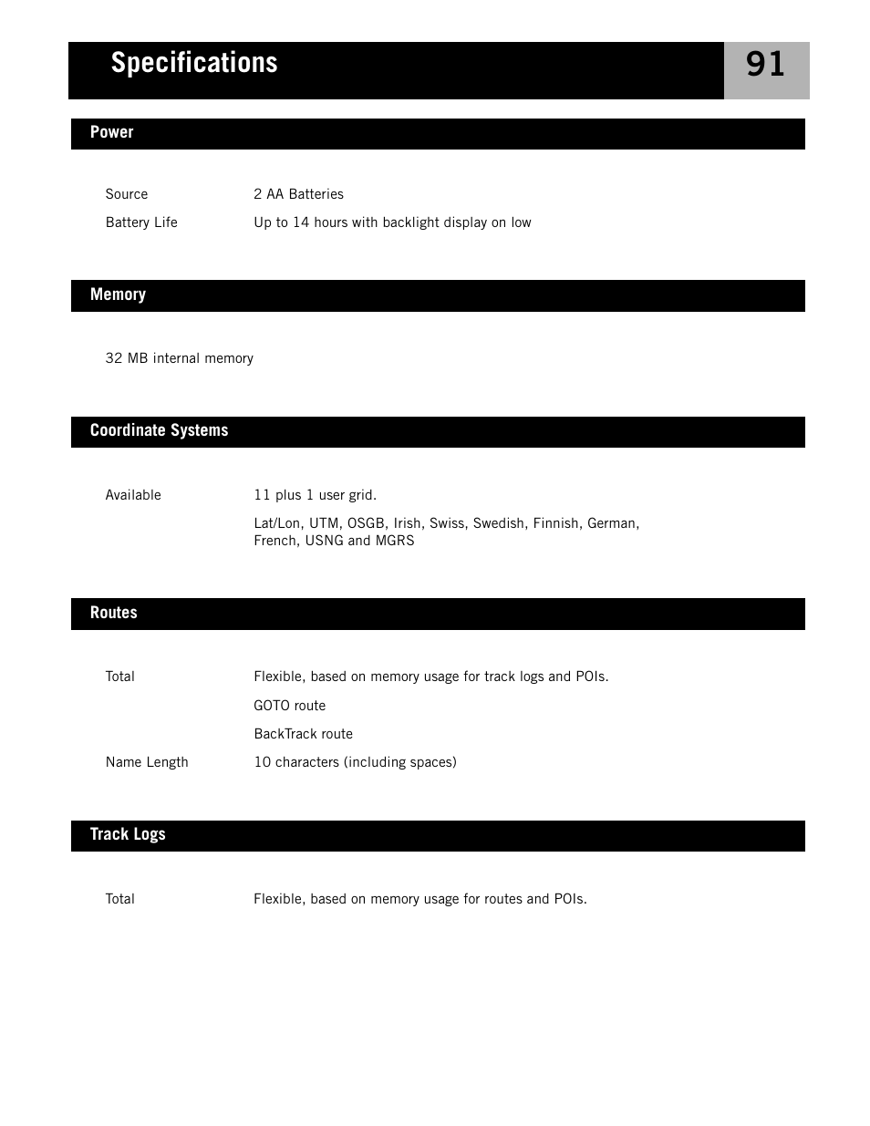 Memory, Coordinate systems, Routes | Track logs, Power, Specifications | Magellan eXplorist 210 User Manual | Page 94 / 98