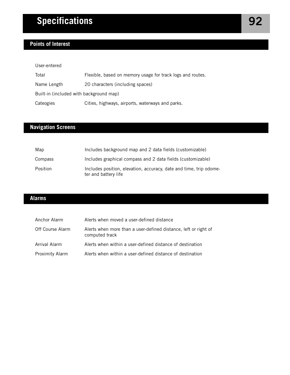 Navigation screens, Alarms, Points of interest | Specifications | Magellan eXplorist 210 User Manual | Page 95 / 98