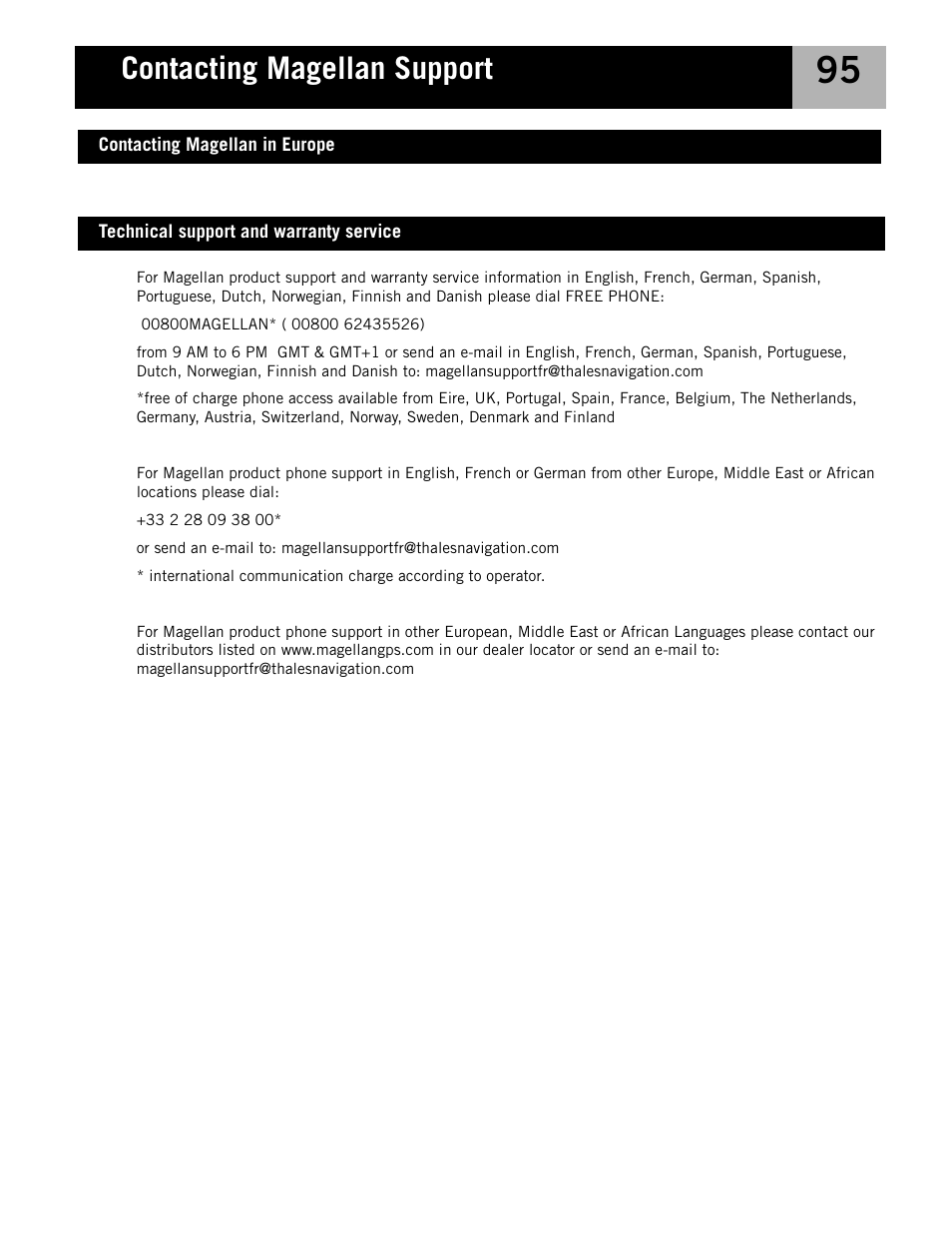 Technical support and warranty service, Contacting magellan in europe, Contacting magellan support | Magellan eXplorist 210 User Manual | Page 98 / 98