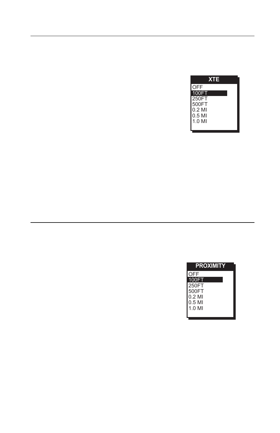 Selecting xte alarm, Selecting proximity alarm | Magellan GPS Tracker User Manual | Page 59 / 102