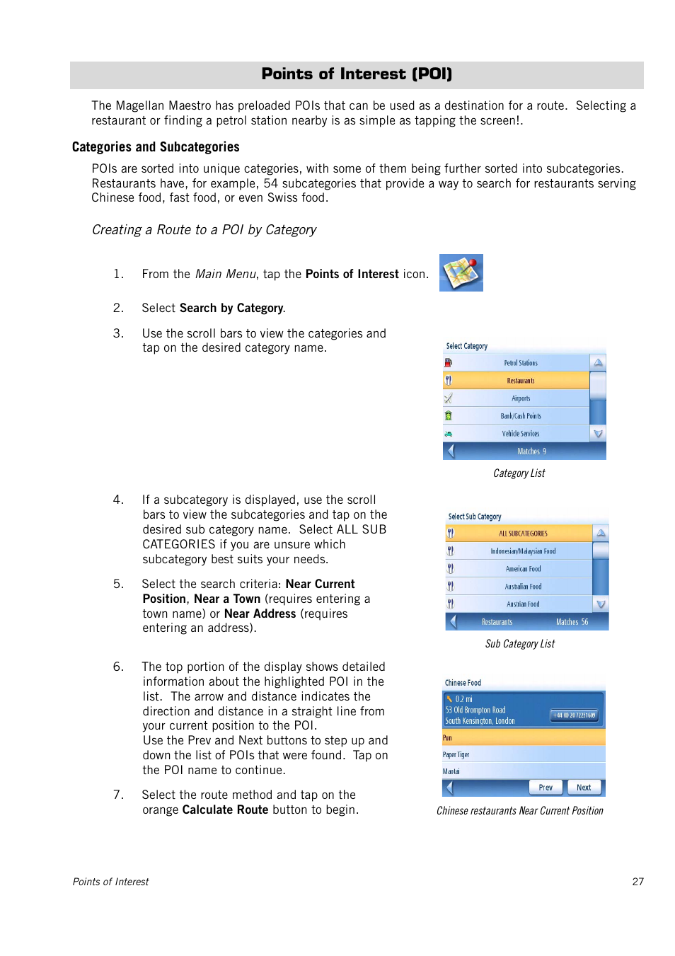 Points of interest (poi), Categories and subcategories, Creating a route to a poi by category | Magellan Maestro 3150 User Manual | Page 33 / 65