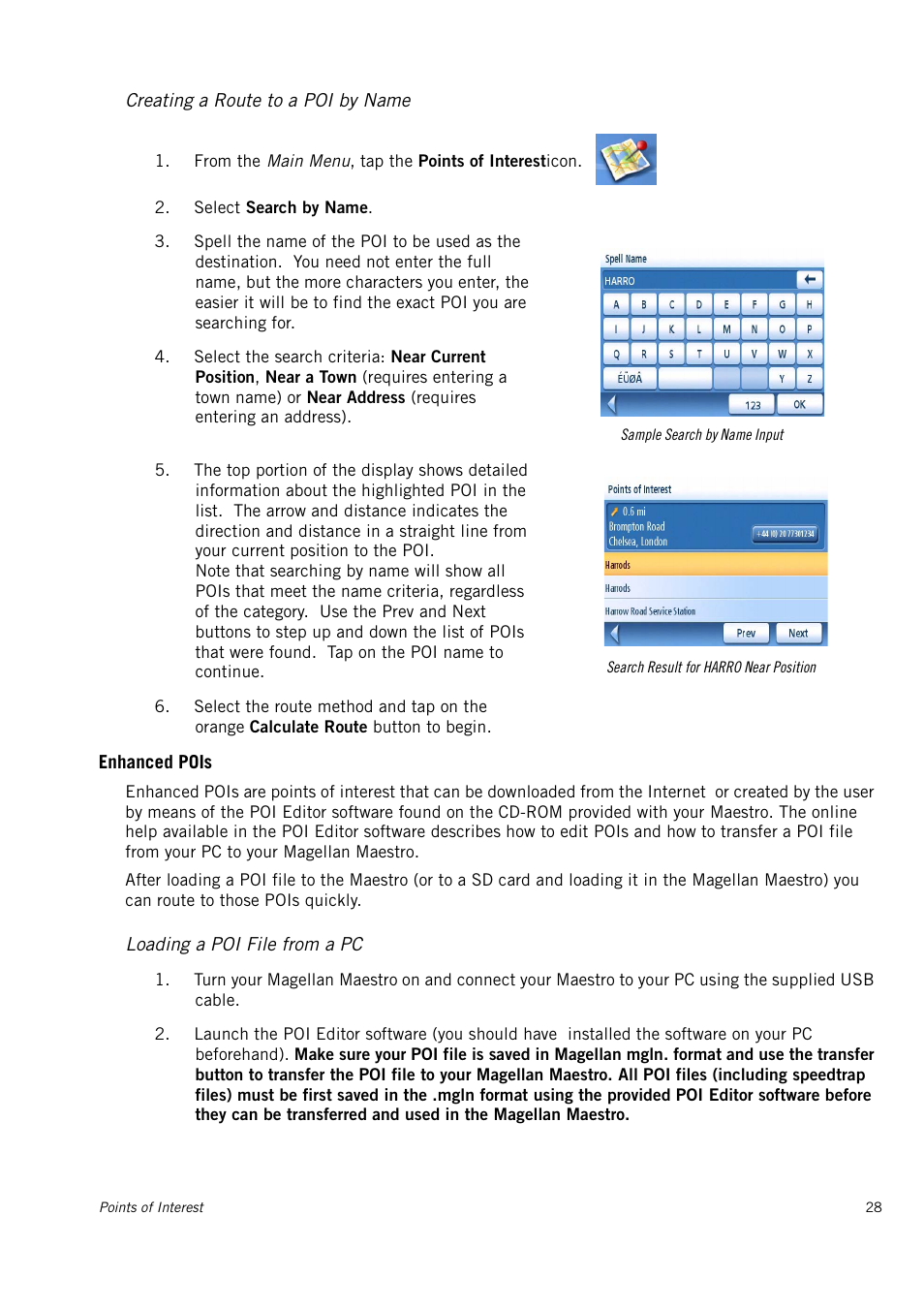 Creating a route to a poi by name, Enhanced pois, Loading a poi file from a pc | Magellan Maestro 3150 User Manual | Page 34 / 65