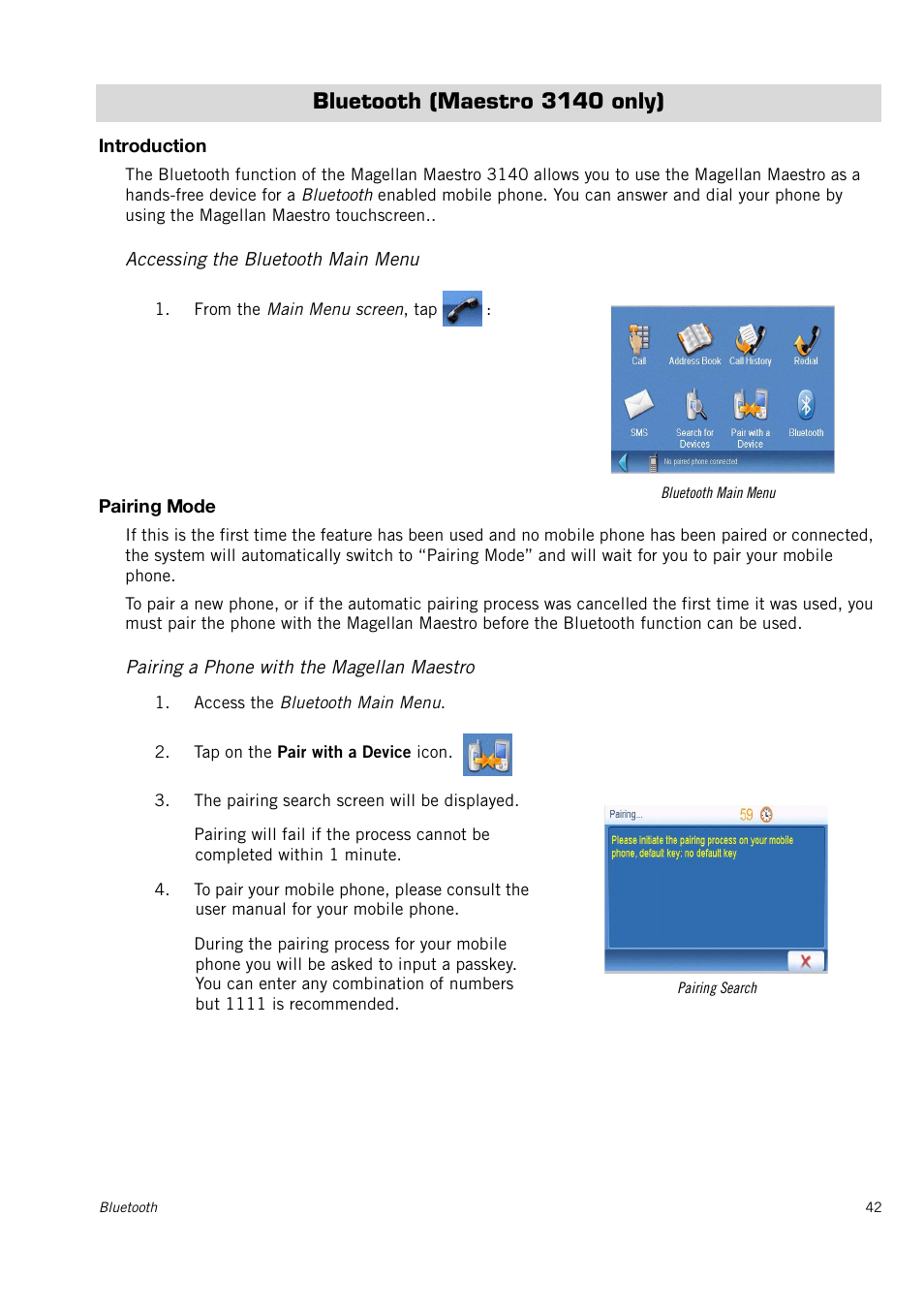 Bluetooth (maestro 3140 only), Introduction, Accessing the bluetooth main menu | Pairing mode, Pairing a phone with the magellan maestro | Magellan Maestro 3150 User Manual | Page 48 / 65