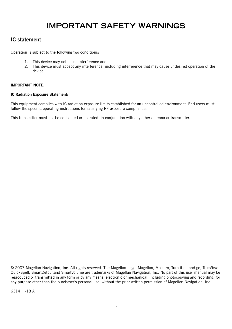 Important safety warnings, Ic statement | Magellan Maestro 3150 User Manual | Page 5 / 65