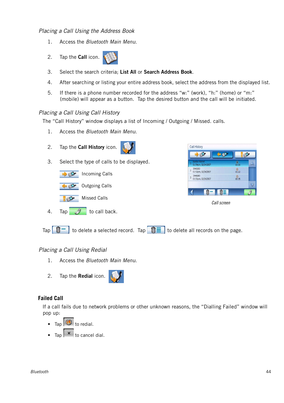 Placing a call using the address book, Placing a call using call history, Placing a call using redial | Magellan Maestro 3150 User Manual | Page 50 / 65