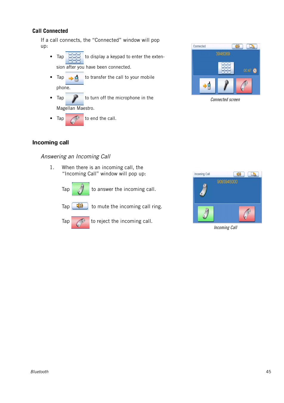 Call connected, Incoming call, Answering an incoming call | Magellan Maestro 3150 User Manual | Page 51 / 65