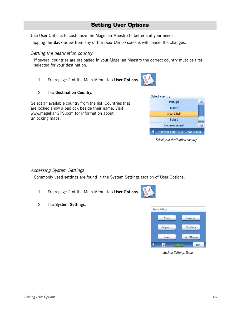 Setting user options, Setting the destination country, Accessing system settings | Magellan Maestro 3150 User Manual | Page 52 / 65