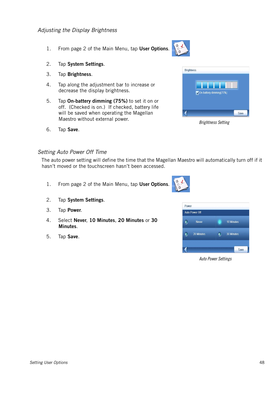Adjusting the display brightness, Setting auto power off time | Magellan Maestro 3150 User Manual | Page 54 / 65