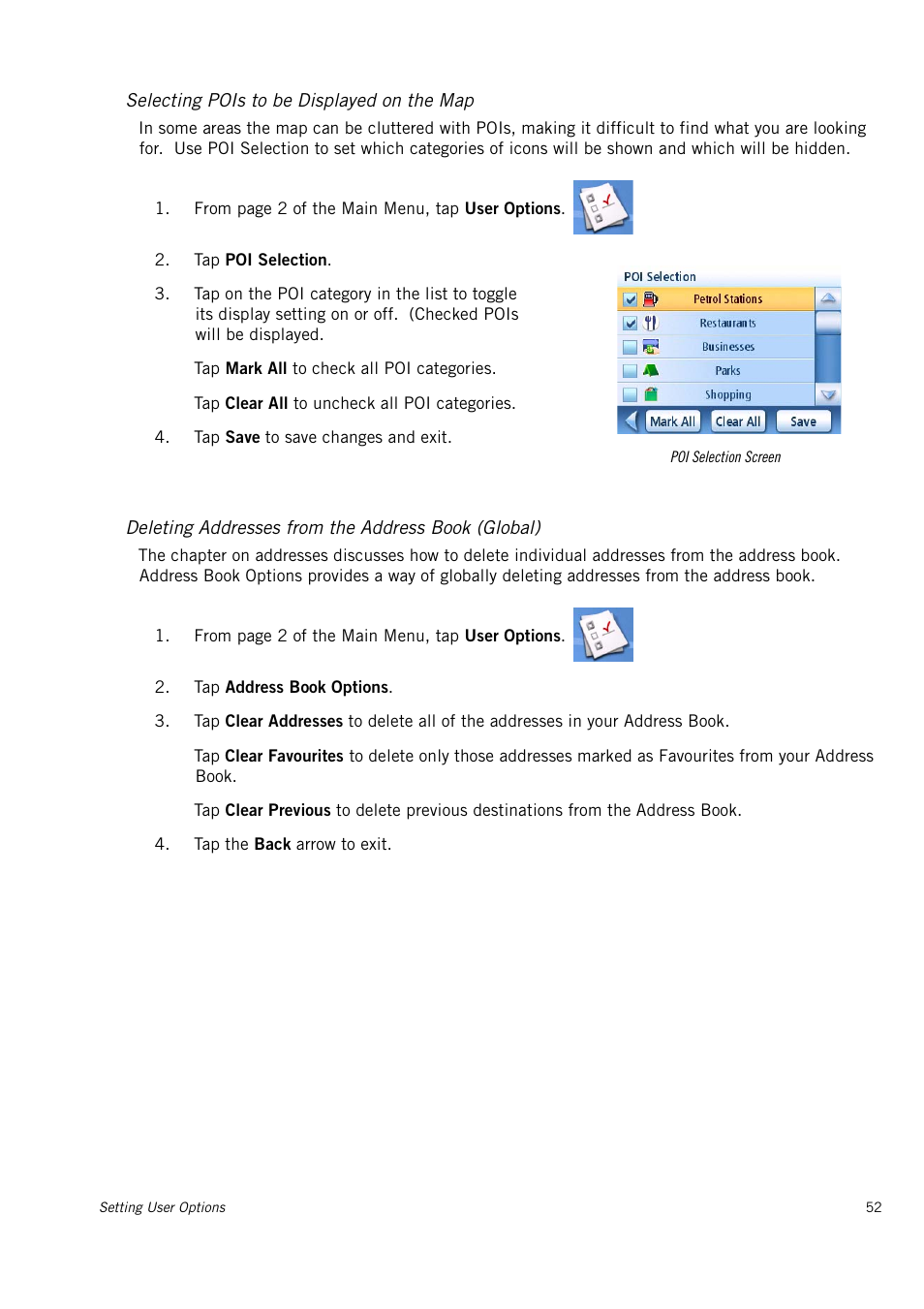 Selecting pois to be displayed on the map, Deleting addresses from the address book (global) | Magellan Maestro 3150 User Manual | Page 58 / 65