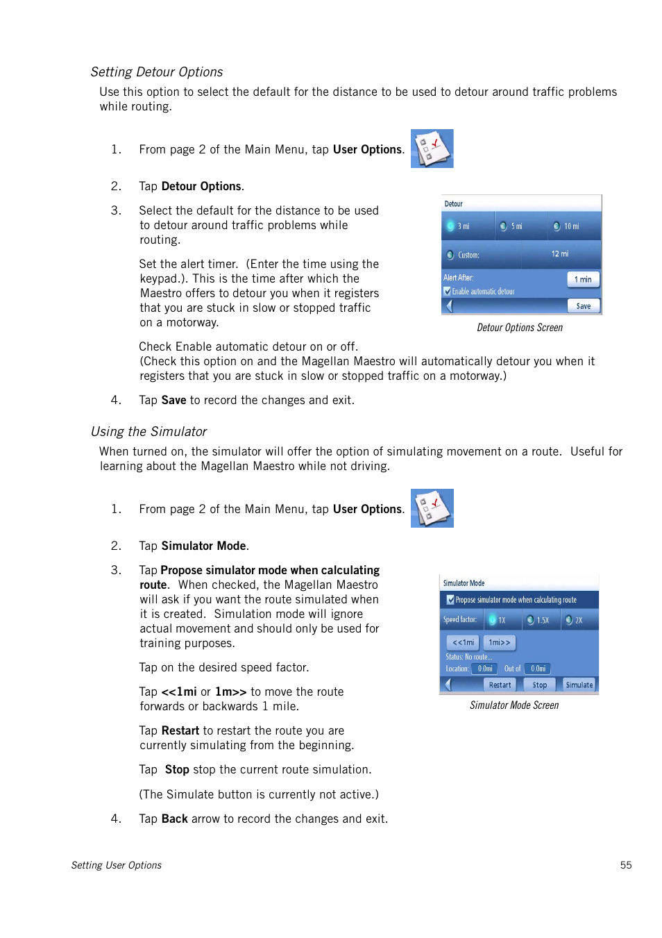 Setting detour options, Using the simulator | Magellan Maestro 3150 User Manual | Page 61 / 65