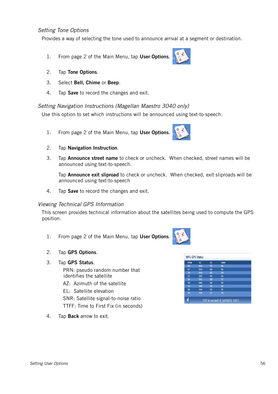 Setting tone options, Viewing technical gps information | Magellan Maestro 3150 User Manual | Page 62 / 65