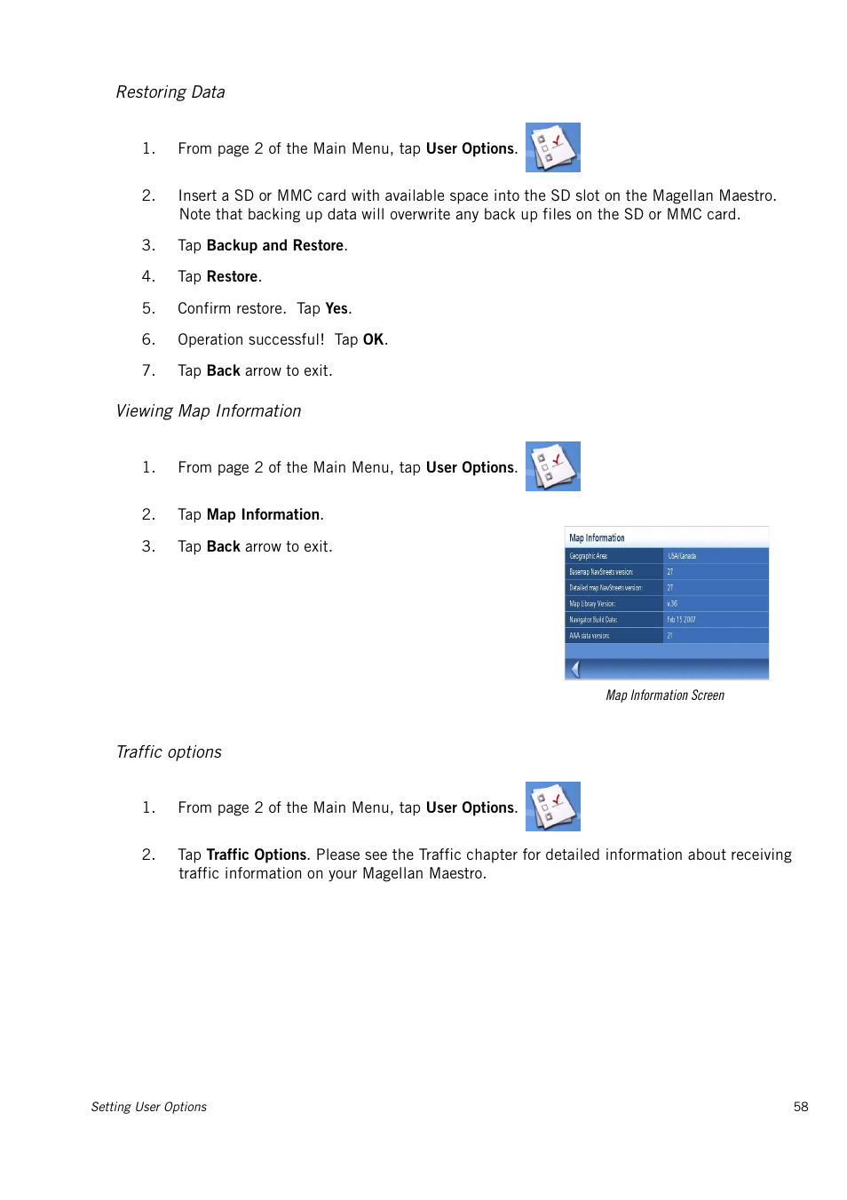 Restoring data, Viewing map information, Traffic options | Magellan Maestro 3150 User Manual | Page 64 / 65