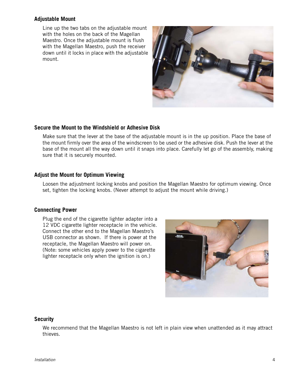 M_section - adjustable mount, M_section - adjust the mount for optimum viewing, M_section - connecting power | M_section - security, Adjustable mount, Adjust the mount for optimum viewing, Connecting power | Magellan Maestro 4215 User Manual | Page 12 / 59
