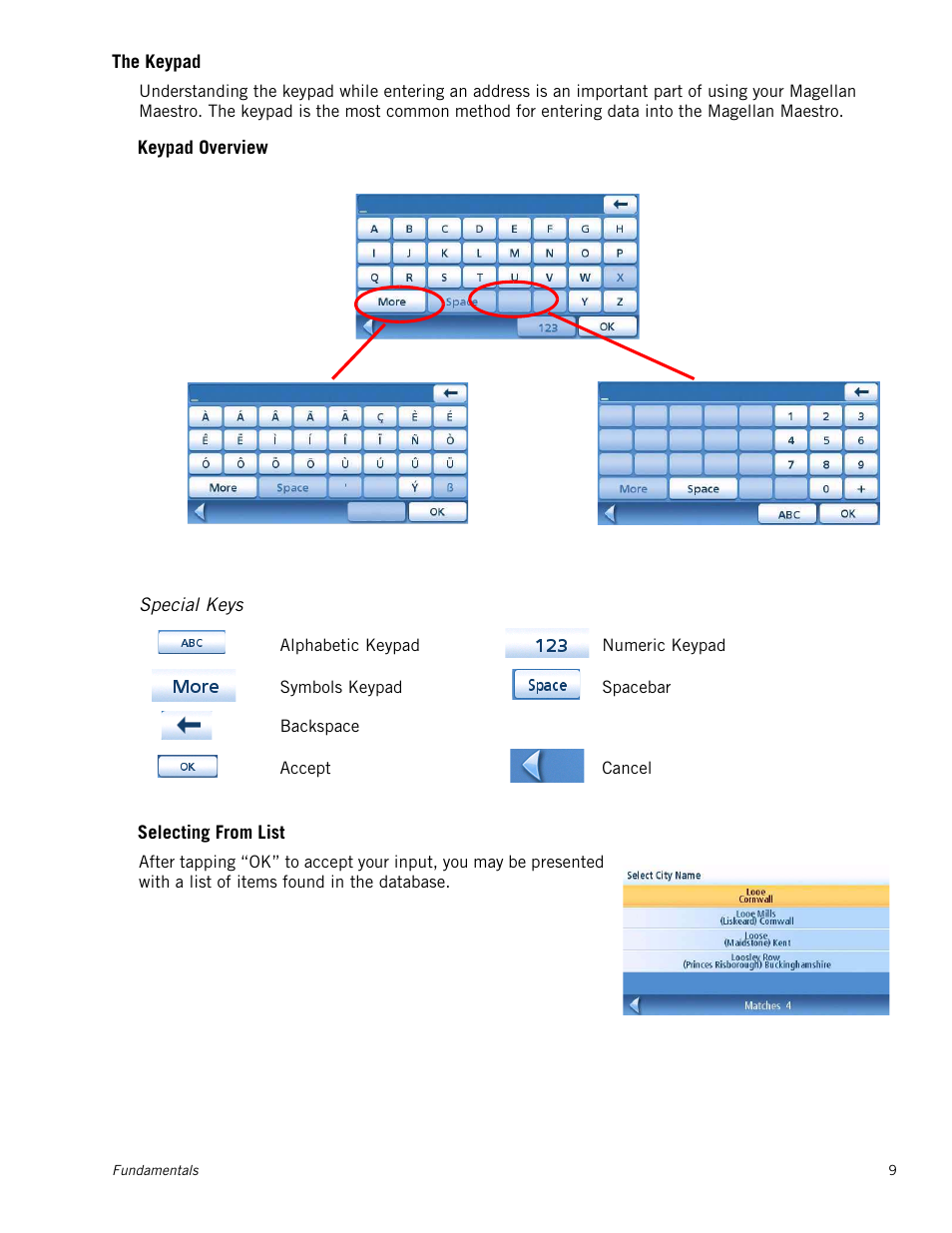 M_section - the keypad, M_subsection - keypad overview, M_instheader - special keys | M_subsection - selecting from list, The keypad, Keypad overview, Special keys, Selecting from list | Magellan Maestro 4215 User Manual | Page 17 / 59