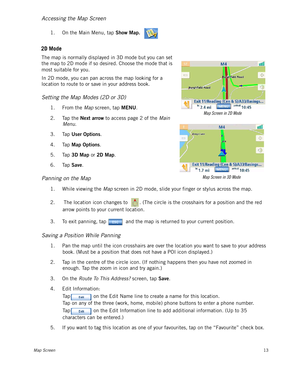 M_instheader - accessing the map screen, M_subsection - 2d mode, M_instheader - setting the map modes (2d or 3d) | M_instheader - panning on the map, M_instheader - saving a position while panning, Accessing the map screen, 2d mode, Setting the map modes (2d or 3d), Panning on the map, Saving a position while panning | Magellan Maestro 4215 User Manual | Page 21 / 59