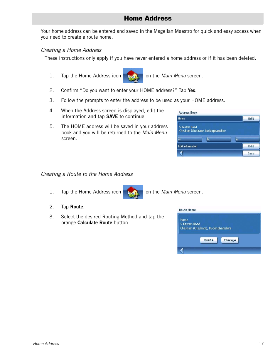M_chaptertitle - home address, M_instheader - creating a home address, Home address | Creating a home address, Creating a route to the home address | Magellan Maestro 4215 User Manual | Page 25 / 59