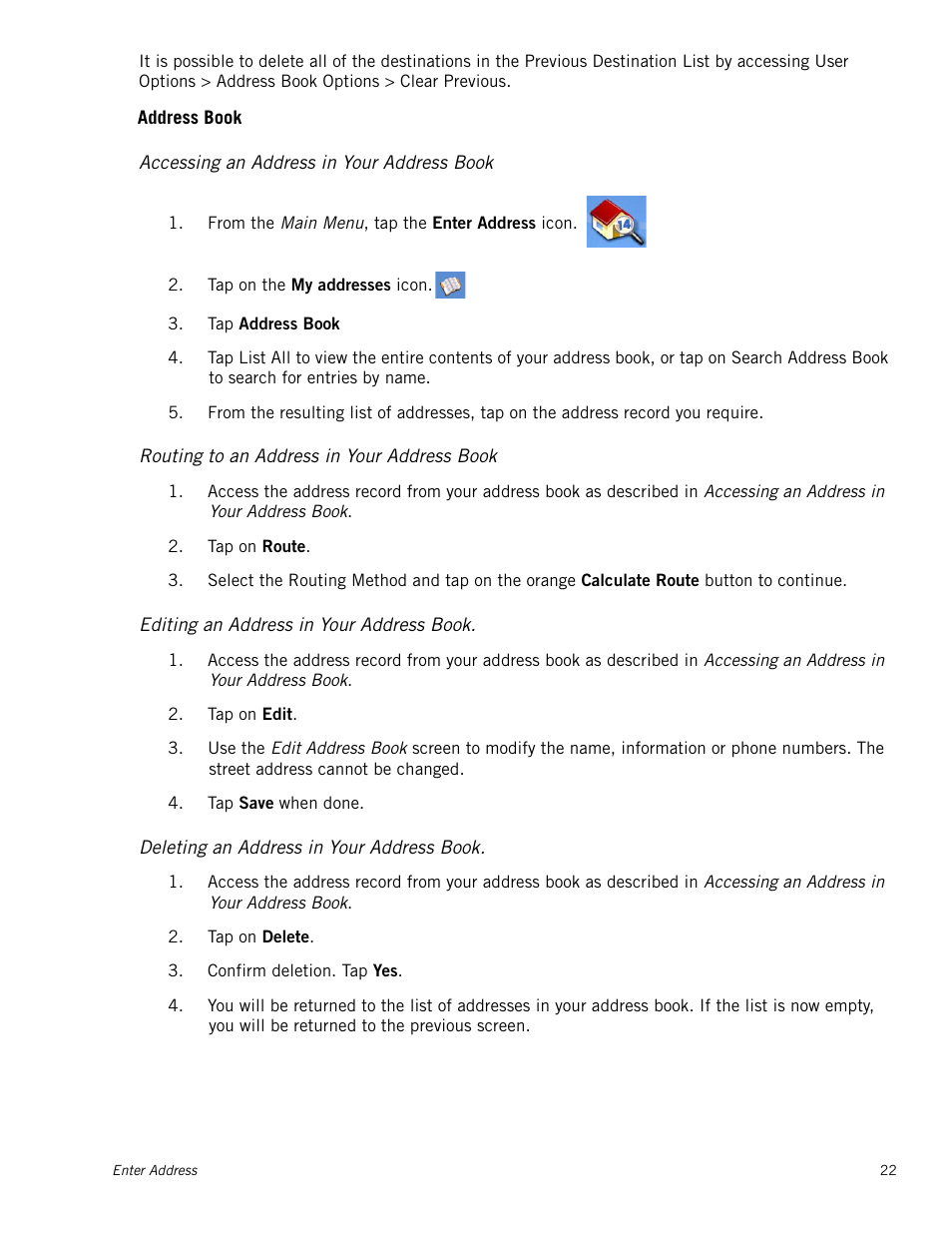 M_subsection - address book, M_subsection, Address book | Accessing an address in your address book, Routing to an address in your address book, Editing an address in your address book, Deleting an address in your address book, Favourites | Magellan Maestro 4215 User Manual | Page 30 / 59