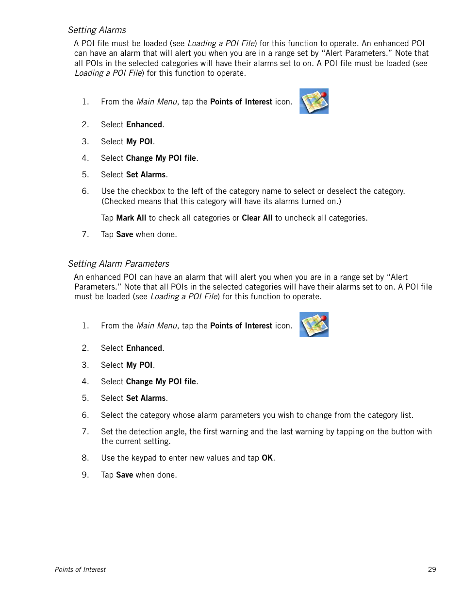 M_instheader - setting alarms, M_instheader - setting alarm parameters, Setting alarms | Setting alarm parameters | Magellan Maestro 4215 User Manual | Page 37 / 59